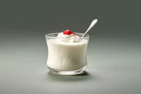 Greek yogurt with raspberries in a glass on a gray backgroundの素材