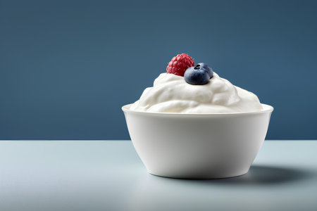 Creamy yogurt with berries in a white bowl on blue backgroundの素材