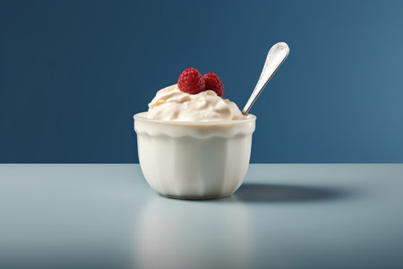 Creamy yogurt with raspberries in white bowl on blue backgroundの素材