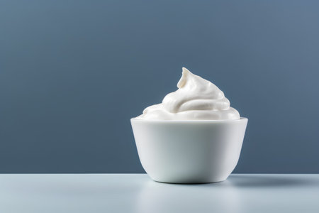 Creamy sour cream in a white bowl on a blue backgroundの素材