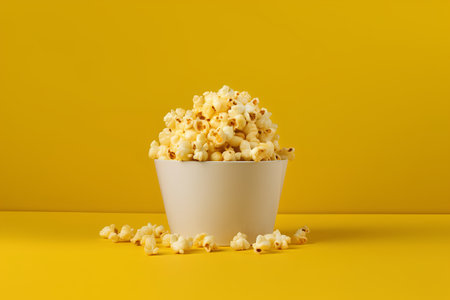 Popcorn in a paper cup on yellow background. 3d renderingの素材
