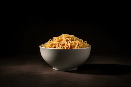 Instant noodles in a white bowl on a dark background with copy spaceの素材