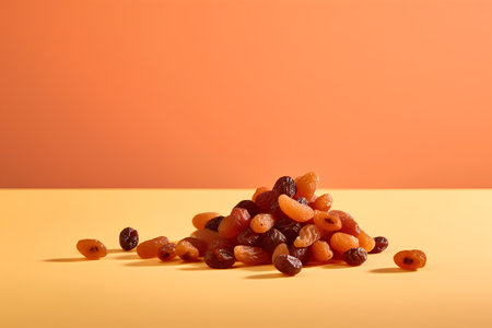 Heap of raisins on orange background with copy space for textの素材