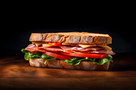 Sandwich with ham, cheese, tomato and lettuce on a dark backgroundの素材