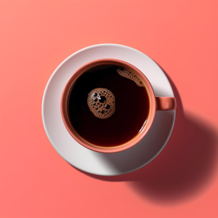 Cup of coffee on red background. Top view, flat layの素材