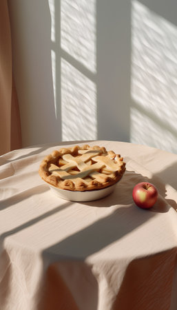 Apple pie on a table with a white tablecloth in the sunlightの素材