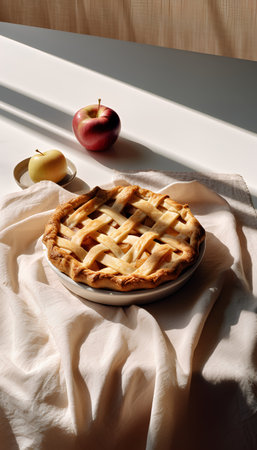 Apple pie on a white plate on a light background. Still lifeの素材