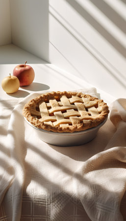 Apple pie on a plate with a linen napkin and apples in the sunlightの素材