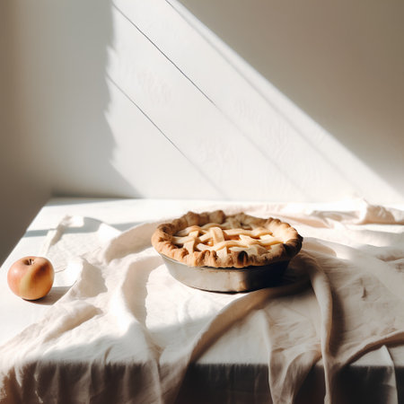 Homemade apple pie in a ceramic bowl on a white linen tablecloth. Light from the window.の素材