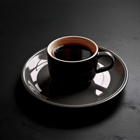 Cup of coffee on a black background. Black coffee cup.の素材