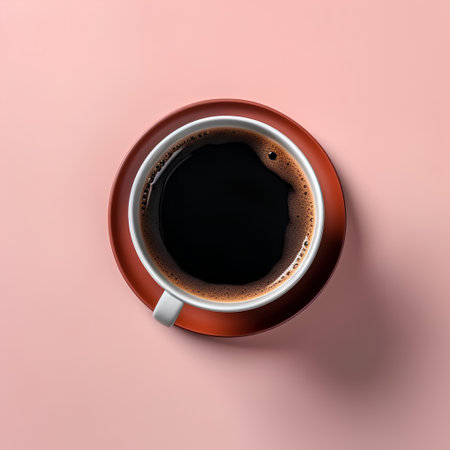 Top view of a cup of coffee on a pink background. 3d renderingの素材