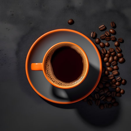 Orange cup of coffee and coffee beans on black background. Top view.の素材