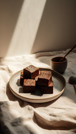 Chocolate brownies on a plate with a cup of coffee. Toned.の素材