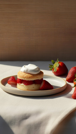 Strawberry tartlets with whipped cream and fresh strawberries on a white plate.の素材