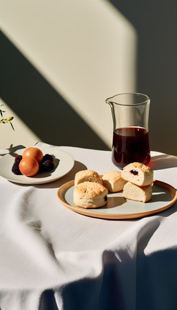 Scones with berry jam on a plate with a glass of juiceの素材