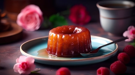 Cake with raspberries and a cup of tea on a dark backgroundの素材