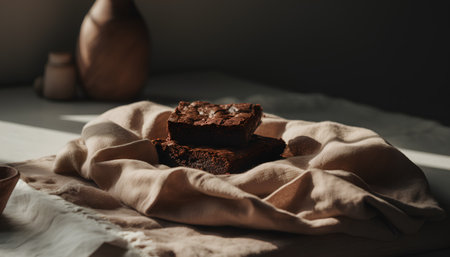 Chocolate brownies on a linen napkin. Selective focus.の素材