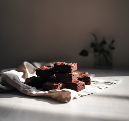 Chocolate brownies on a linen napkin. Selective focus.の素材