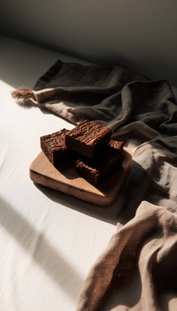 chocolate brownies on a wooden cutting board on a linen tableclothの素材