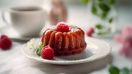 Cake with raspberries on a white plate. Selective focus.の素材