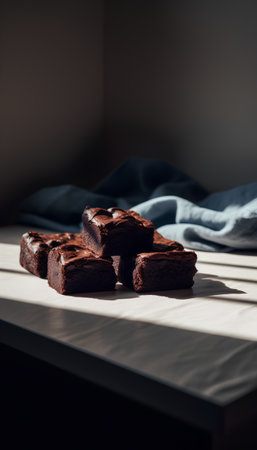 Chocolate brownies on a wooden table. Selective focus. Toned.の素材