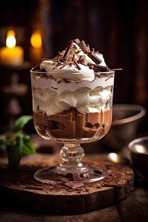 Classic tiramisu dessert in glass on wooden background. Selective focus.の素材