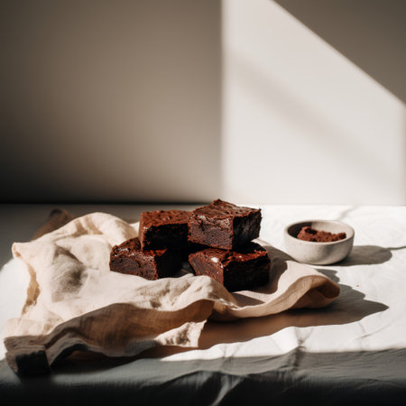 Chocolate brownies on a linen cloth and a bowl of cocoa powder on a light background.の素材