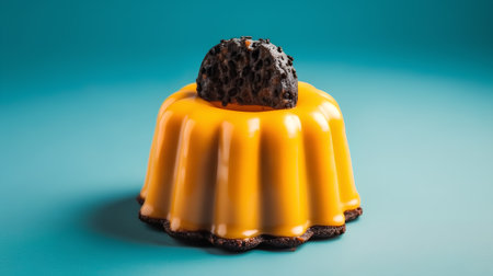 Yellow pudding with chocolate on turquoise background, close-upの素材