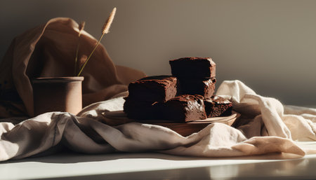 Chocolate brownies in a wooden bowl on a white table.の素材