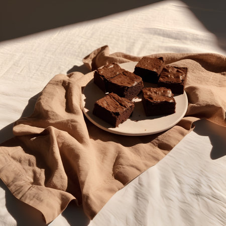 Chocolate brownies on a white plate on a linen tableclothの素材