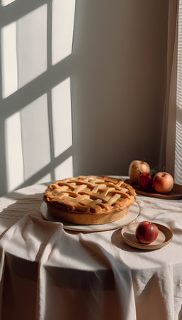 Homemade apple pie on a white table in the sunlight. Copy space.の素材