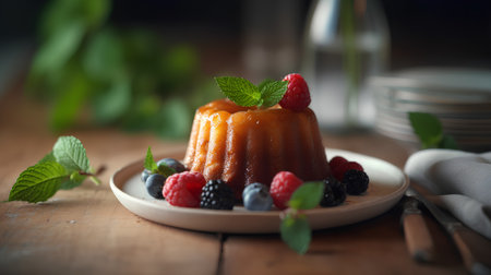 Panna cotta with fresh raspberries and blackberries, selective focusの素材
