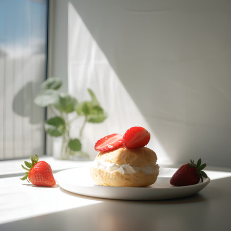 Strawberry tart with whipped cream and fresh strawberries on a white plate in sunlight.の素材