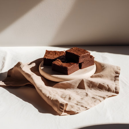 Dark chocolate bars on a wooden plate on a white tablecloth in the sunlightの素材