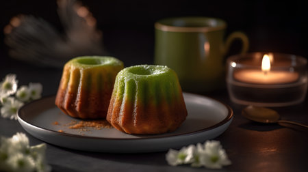 Cupcake with green tea on a dark background. Selective focus.の素材