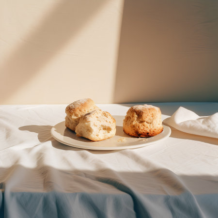 Freshly baked scones on a white plate on the bed in the sunlightの素材