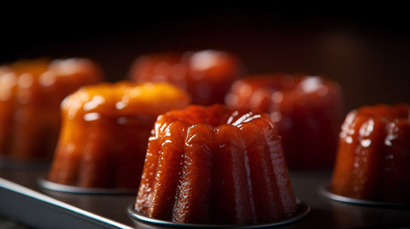 Closeup of a row of caramel candies on a black backgroundの素材