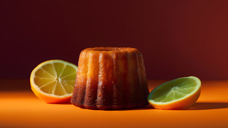 Orange bundt cake with lemon and lime slices on orange background.の素材