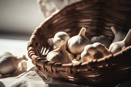 Garlic in a wicker basket on a light background. Toned.の素材