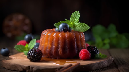 Homemade Cake with Berries and Chocolate Sauce on a Wooden Backgroundの素材