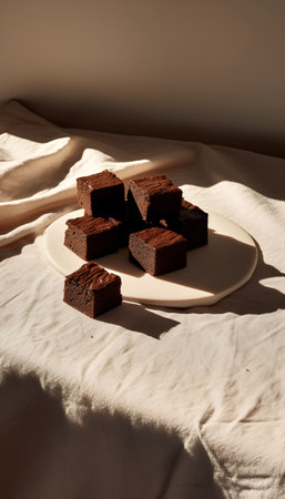 Pieces of chocolate cake on a plate on a white tableclothの素材