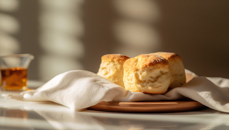 Traditional English scones on a wooden board on a white table.の素材