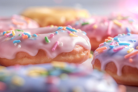Close-up of delicious glazed donuts with sprinkles.の素材