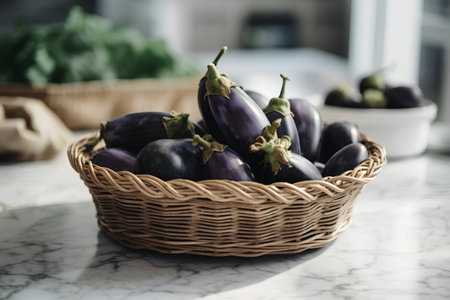 Fresh eggplants in a basket on a white marble table.の素材