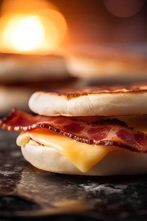 Close up of two sandwiches with bacon and cheese on a dark backgroundの素材