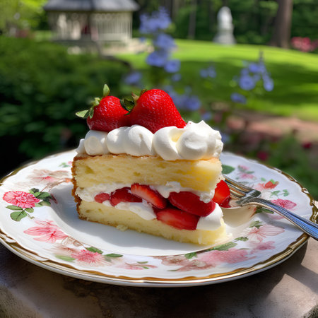 Strawberry cake with whipped cream and fresh strawberries on a plateの素材