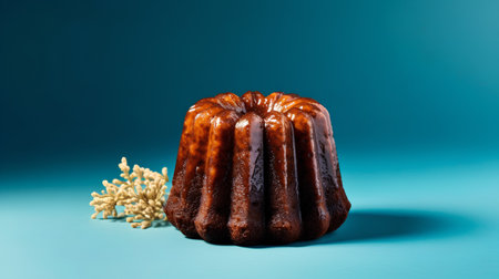Chocolate bundt cake on blue background. Minimal style.の素材