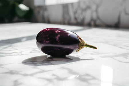 Fresh purple eggplant on white marble table, selective focus, toned imageの素材