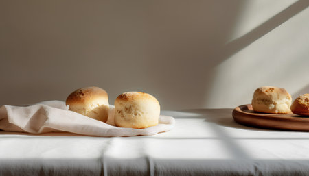 Homemade buns on a white tablecloth, selective focus.の素材