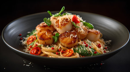 Spaghetti with scallops, tomatoes and parmesan on black backgroundの素材